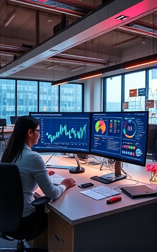 innovative PPC strategy, confident planning, mapping marketing routes, photorealistic, open-concept office with large monitors, highly detailed, evolving strategy charts, strategic foresight, vivid multi-color scheme, focused task lighting, shot with a 28mm lens